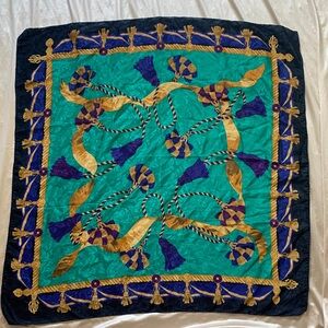 Vintage Liz Claiborne Square Satin Scarf | Teal Tassel Scarf | 90s Silky Scarf